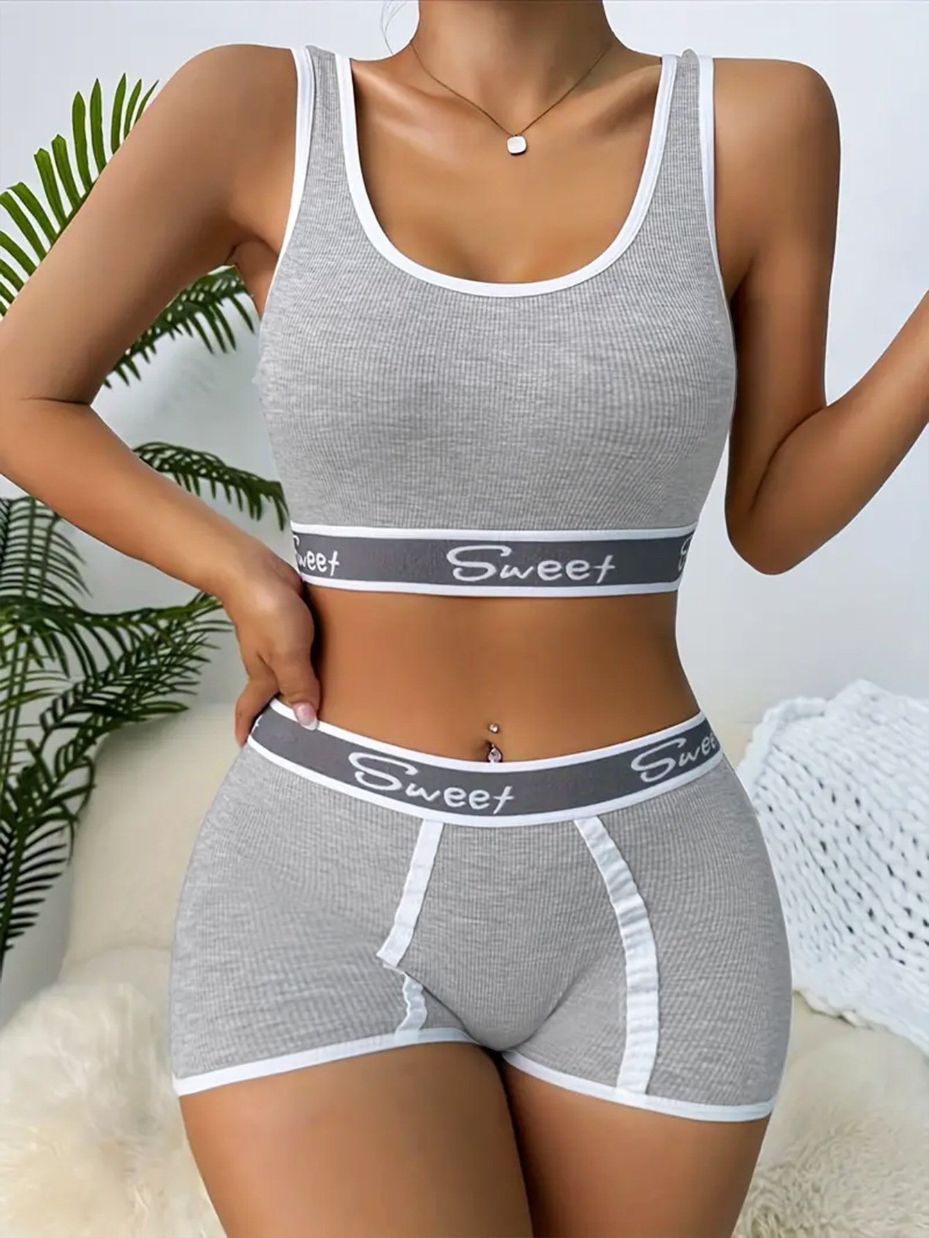 "Letter Print Bra Panties Ribbed Wireless Bra Elastic Panties "